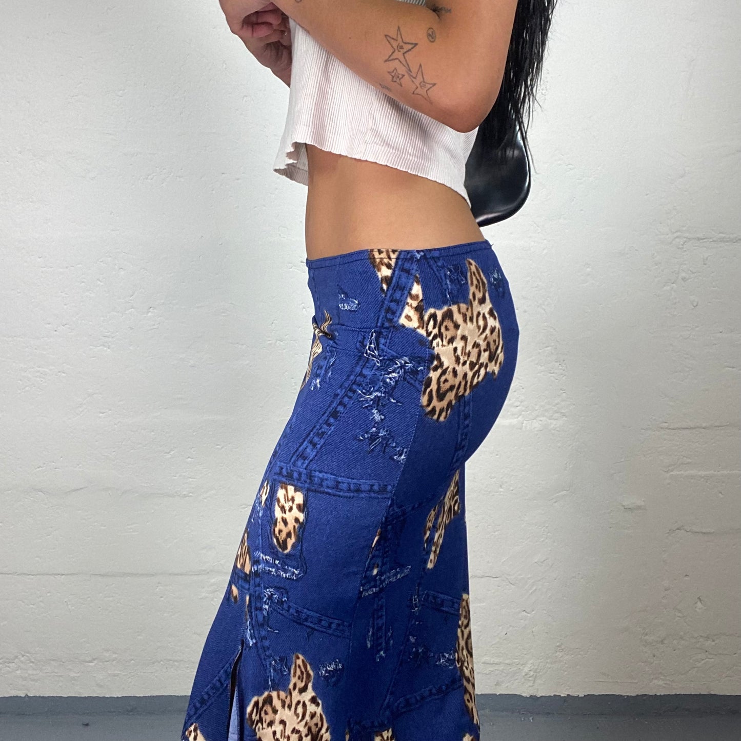 Vintage 2000’s Romantic Deep Blue Denim Effect and Cheetah Patches Print  Asymmetric Skirt (S)