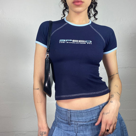 Vintage 2000's Sporty/Casual Midnight Blue Baby Tee with Typography Print and Baby Blue Trim (XL)