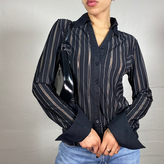 Vintage 2000's Office Girl Black Button Up Classy Shirt with Shiny Stripes (M)