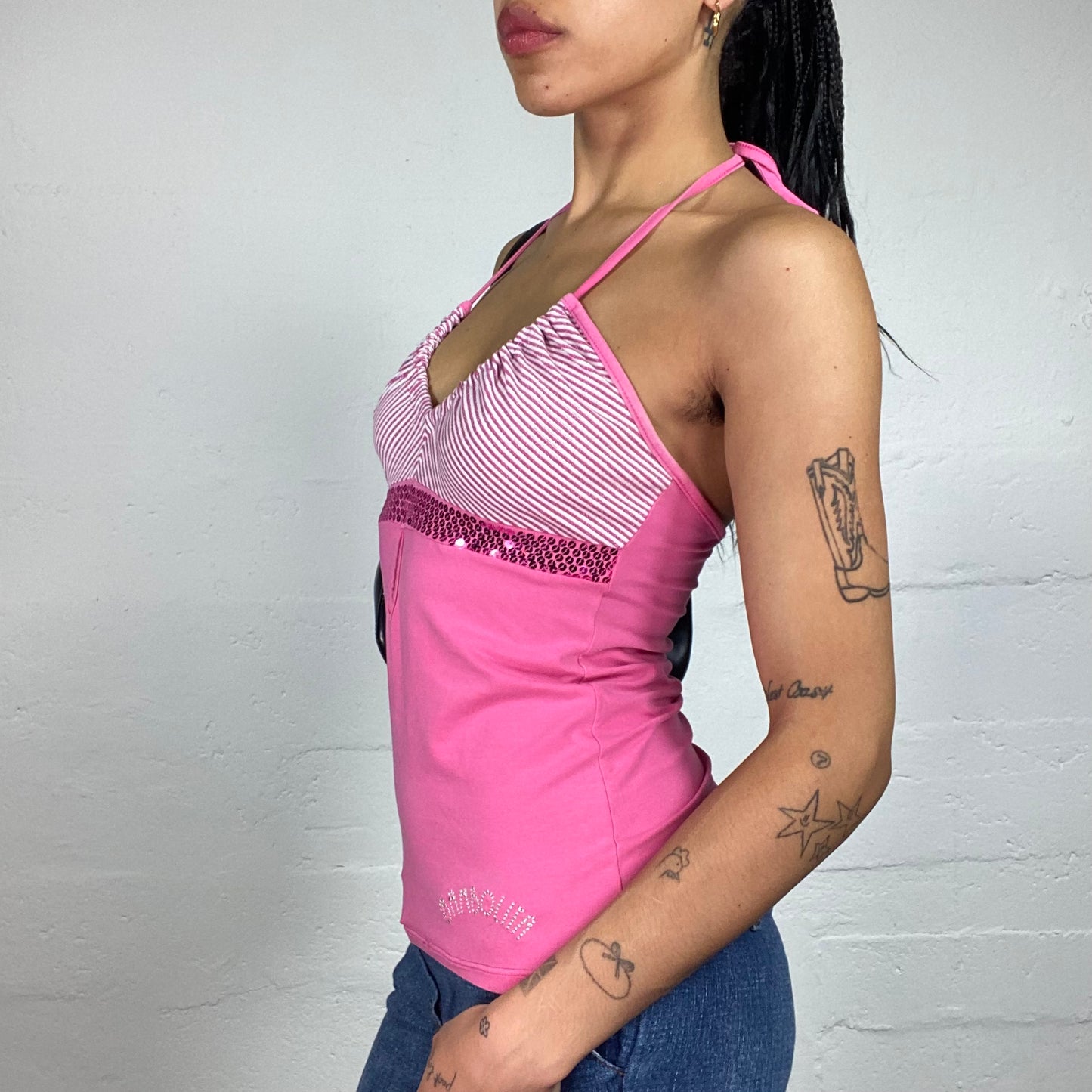 Vintage 2000's Paris Hilton Style Clubwear Hot Pink Neckholder Top with Sequin Band (S)