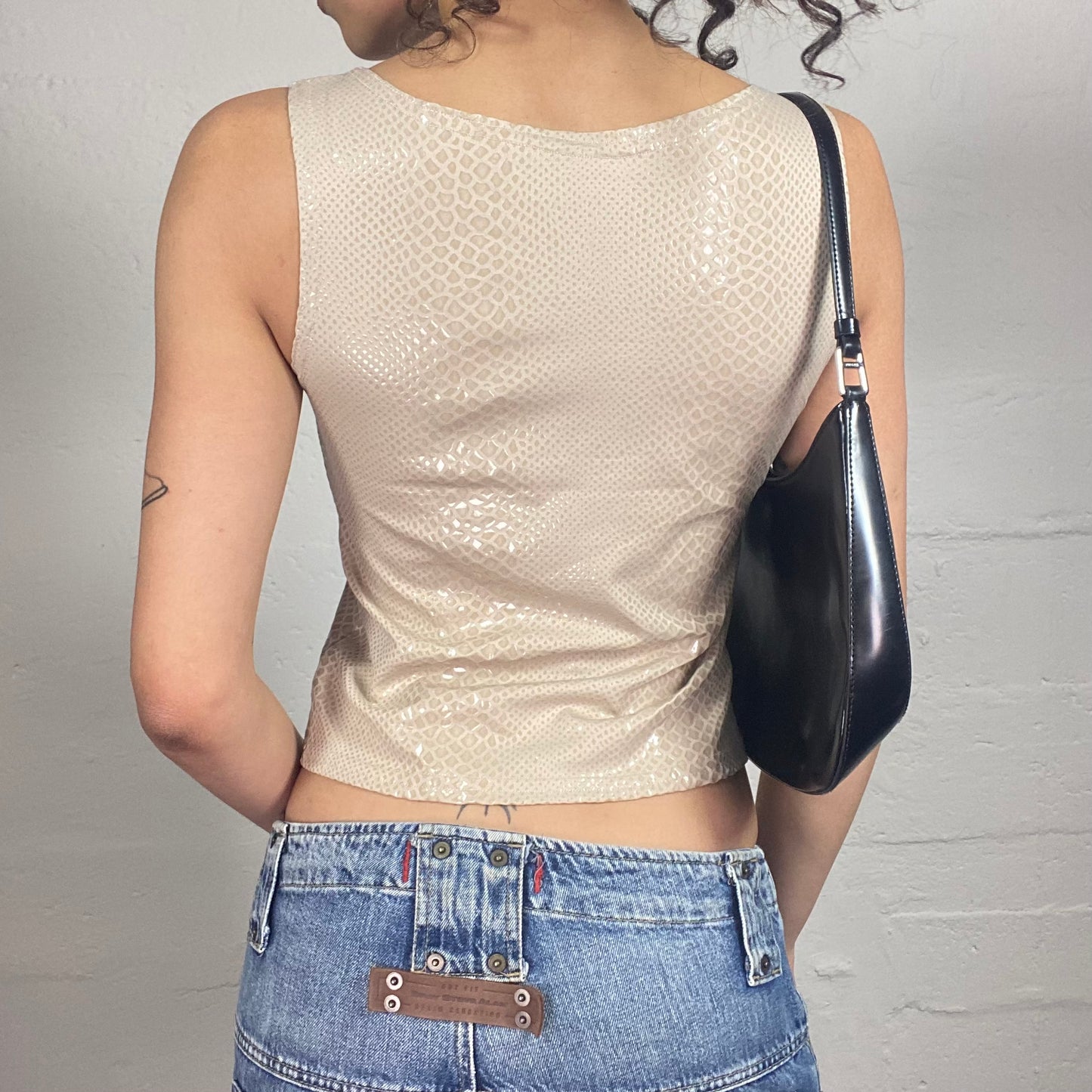 Vintage 2000's Glam Beige Glossy Tank Top with Snake Skin Pattern (S)