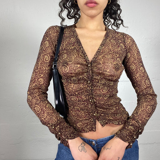 Vintage 2000's Boho Girl Brown Mesh Printed Button Up Longsleeve Top (M)