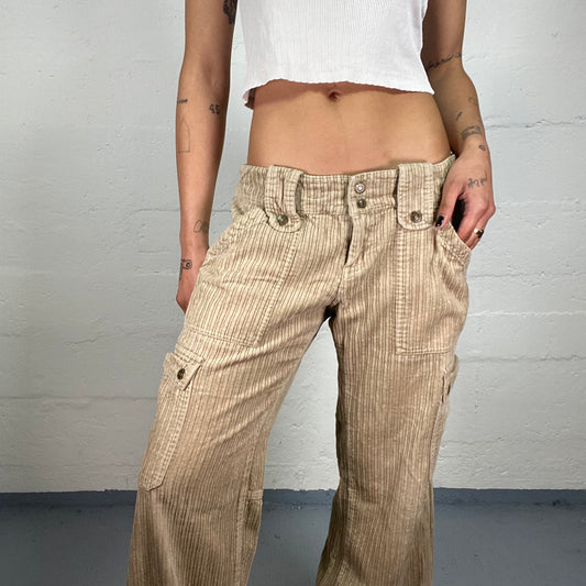 Vintage 2000's Skater Girl Beige Velvet Low Waisted Straight Cut Pants with Big Pockets (L)