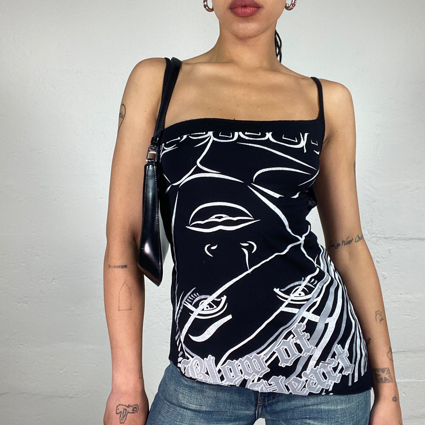 Vintage 2000's Downtown Girl Blaxk Asymmetric Bottom Cami Top with White Face Print (S)