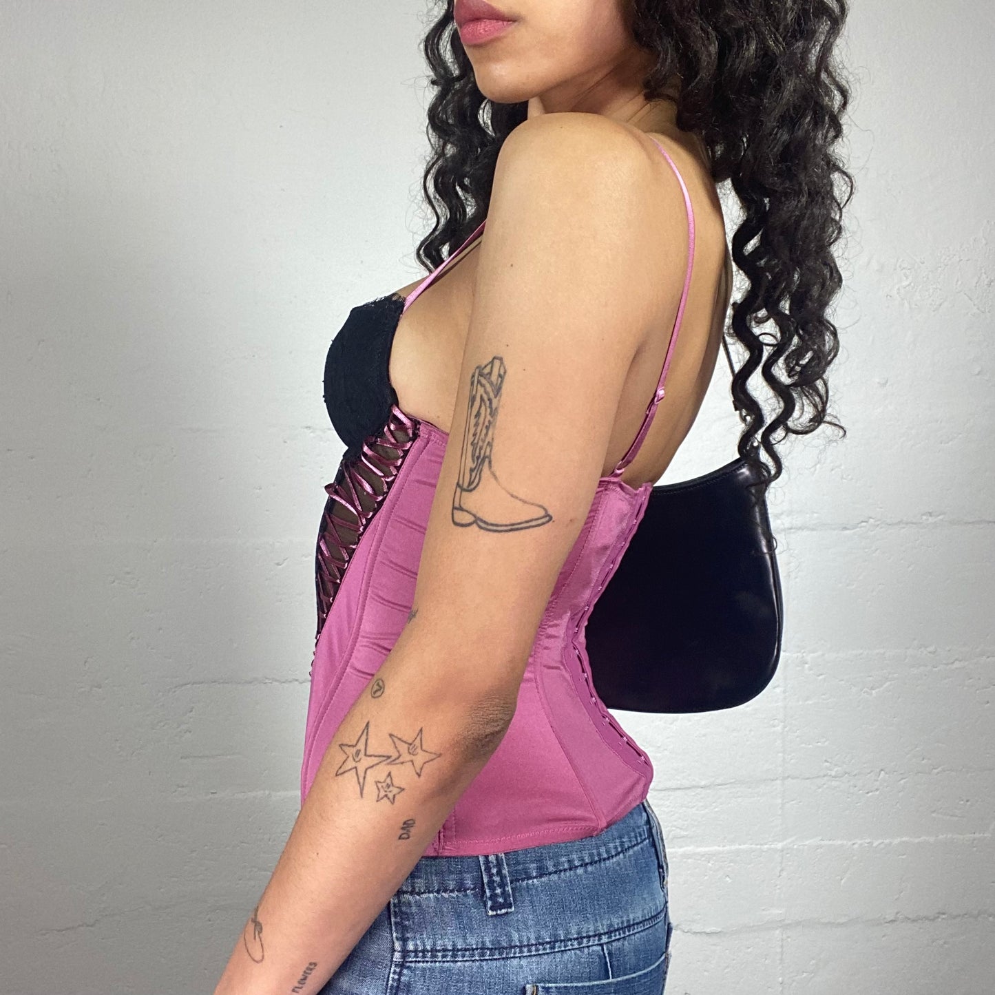 Vintage 2000's Romantic Silky Pink Corset Top with Black Lace Embroidery and Contrast Bra (S)
