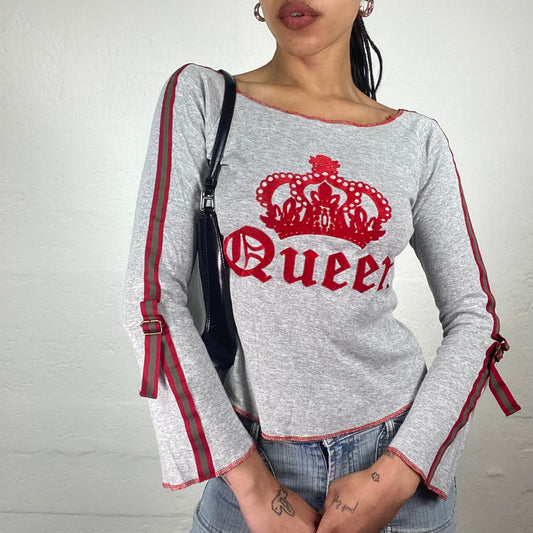 Vintage 2000’s Downtown Girl Grey Longsleeve Top with Red Belted Sleeve Stripes and Queen Print (M)