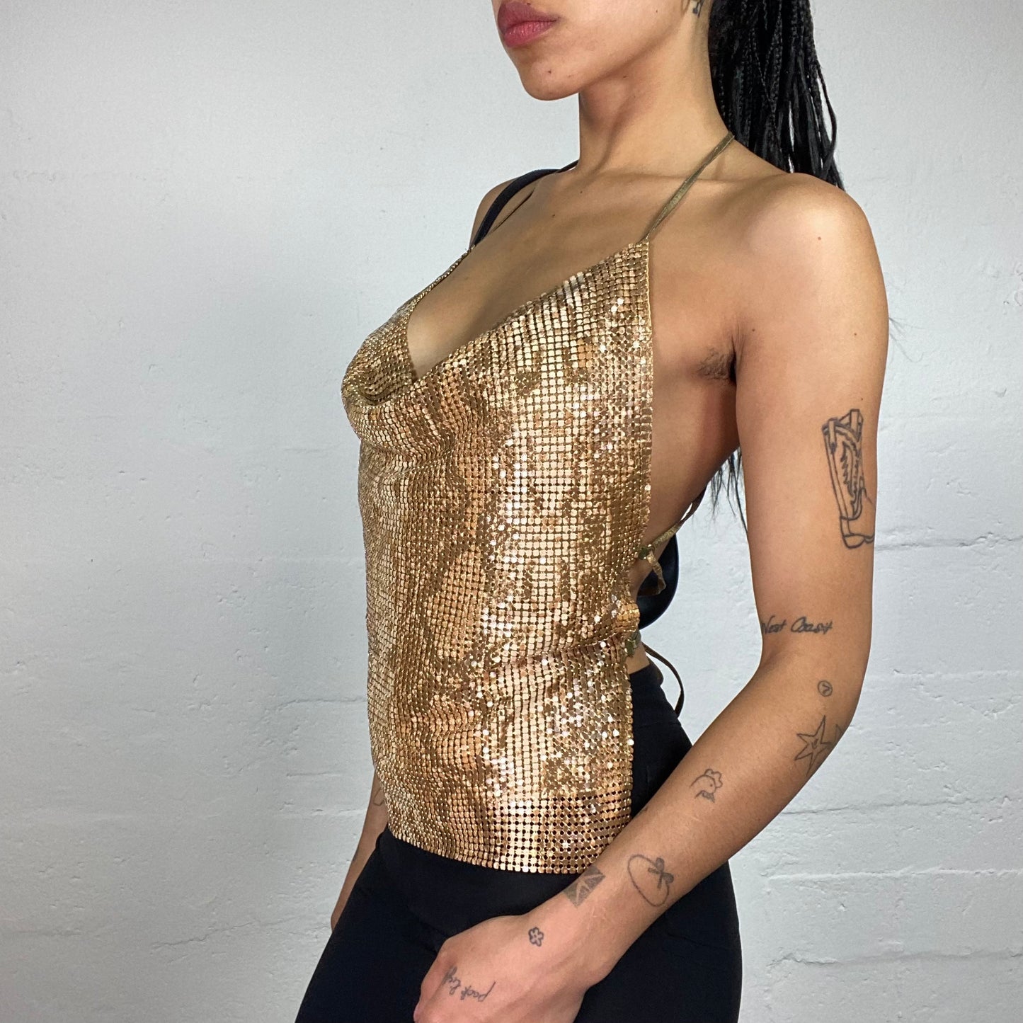 Vintage 2000's Morgan Glamorous Clubwear Golf Metal Net Shiny Draped Snake Skin Effect Neckholder Top with Open Back (S)