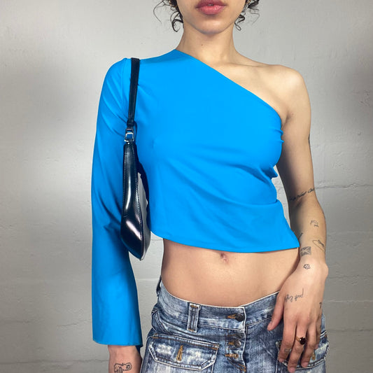 Vintage 2000's Chic Girl Aquamarine Blue Asymmetric One Shoulder Top (S)