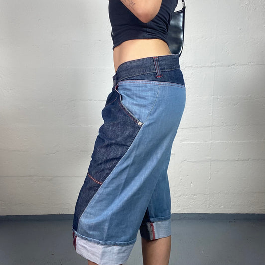 Vintage 2000's Streetwear Multicoloured Denim Long Shorts with Red Seaming (M)