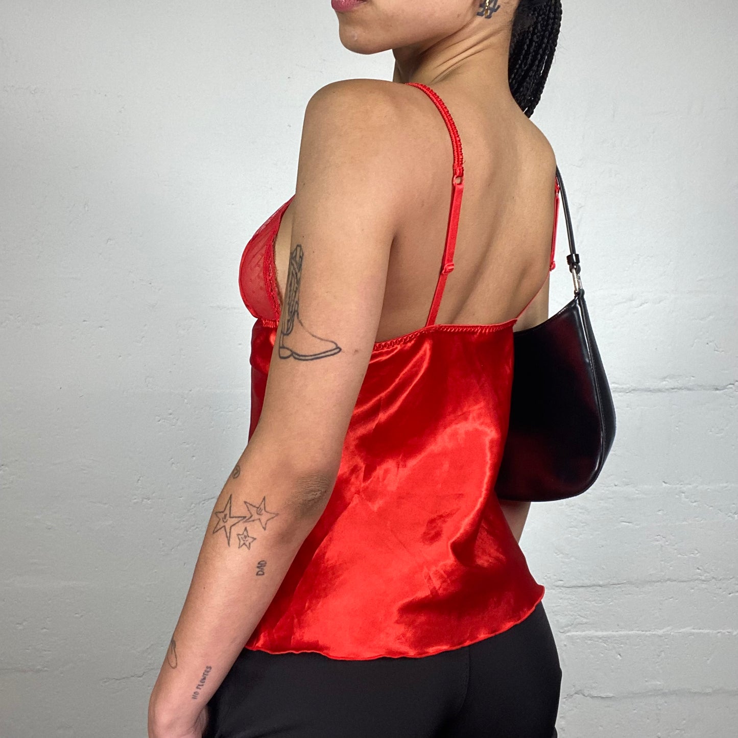 Vintage 2000's Romantic Red Satin Lingerie Style Cami Top with Mesh Bea Details (S)