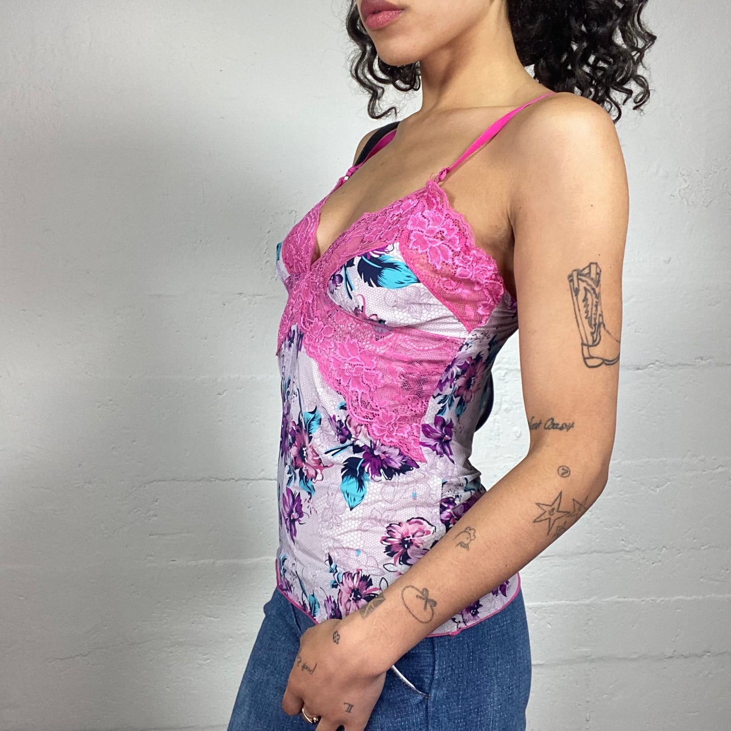 Vintage 2000's Romantic Soft Girl Floral Print Pink Lace Bra Decoration Cami Top (L/XL)