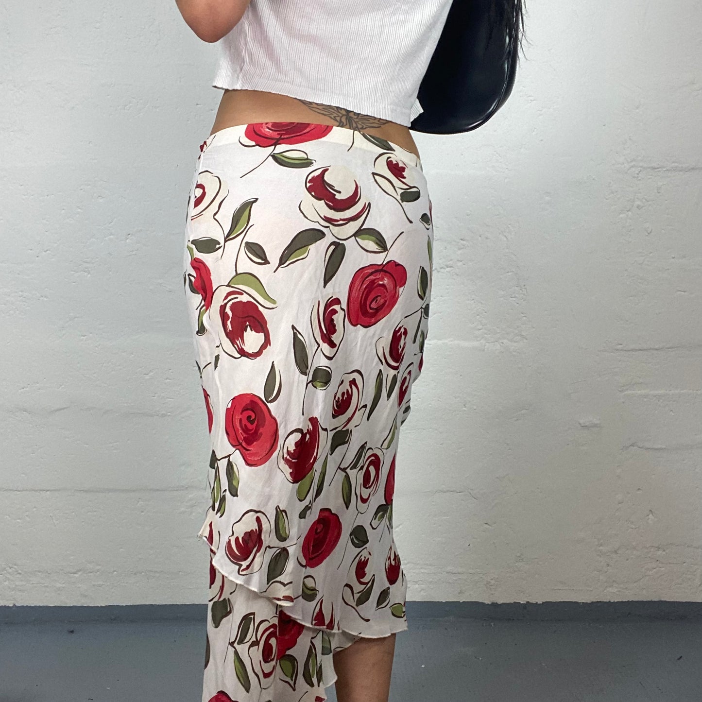 Vintage 2000’s Romantic White Chiffon Midi Asymmetric Skirt with Red Flowers Print (S)