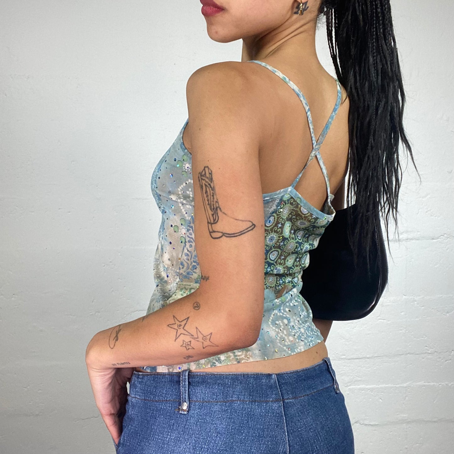 Vintage 2000's Downtown Girl Blue and Green Printed Cami Top with Rhinestone Decoration (M)