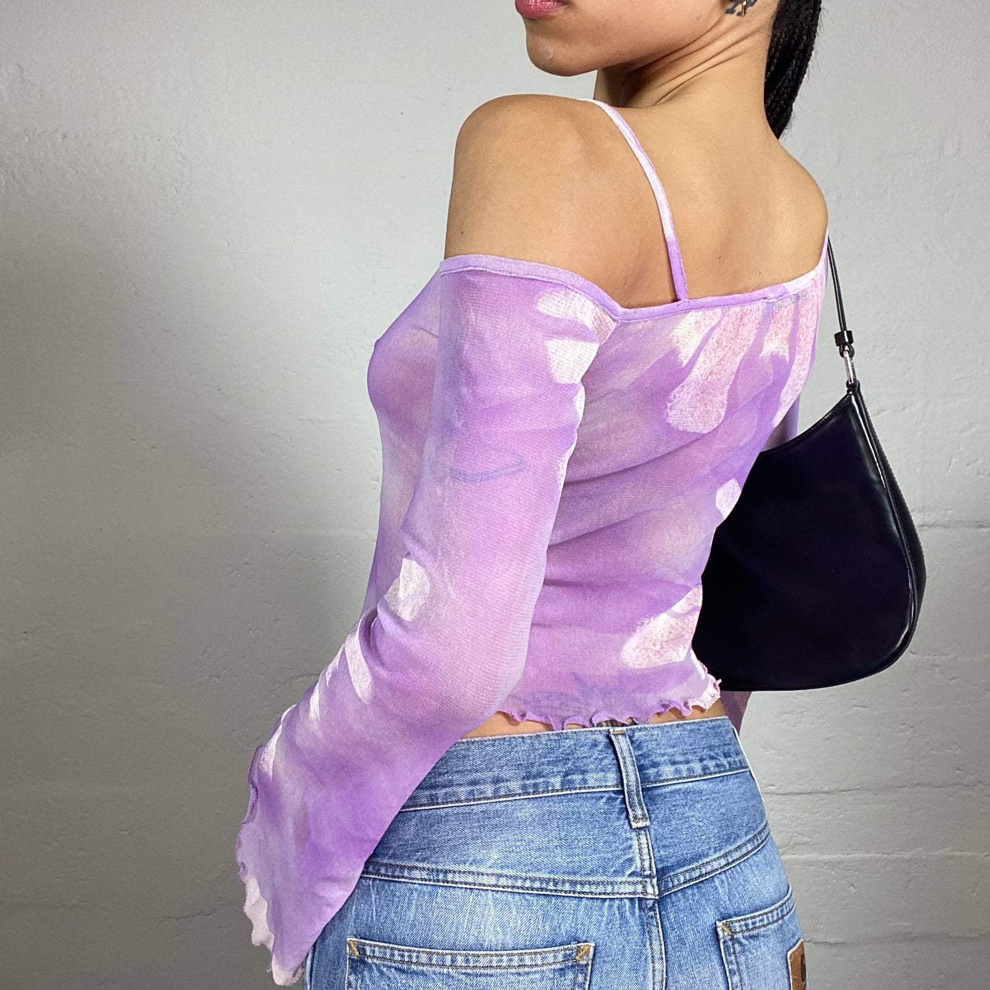 Vintage 2000's Romantic Purple Mesh See Through Flare Sleeves One Shoulder White Faded Print Top (S)