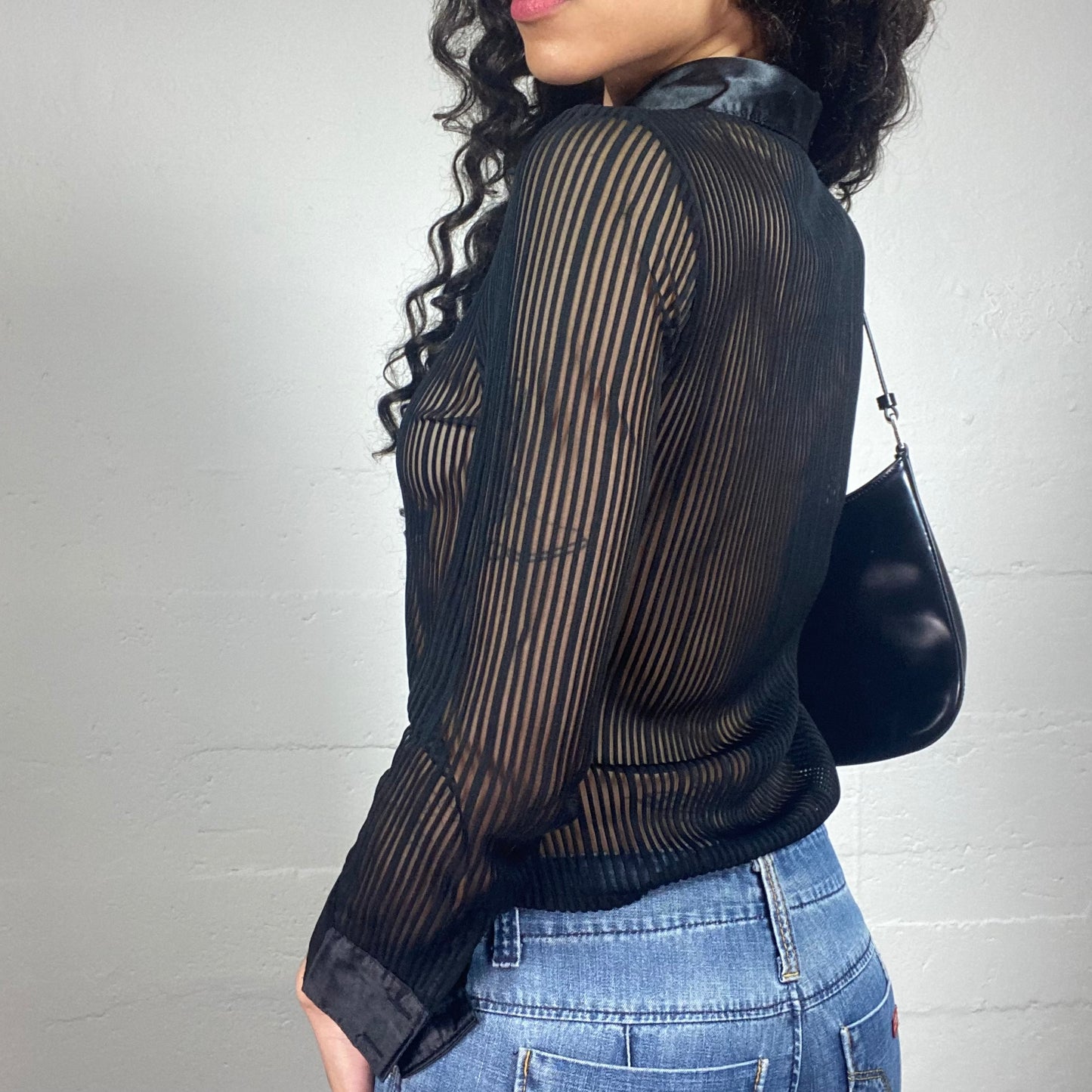 Vintage 2000's Clubwear Mesh Striped Black Zip Up Collared Shirt (M)