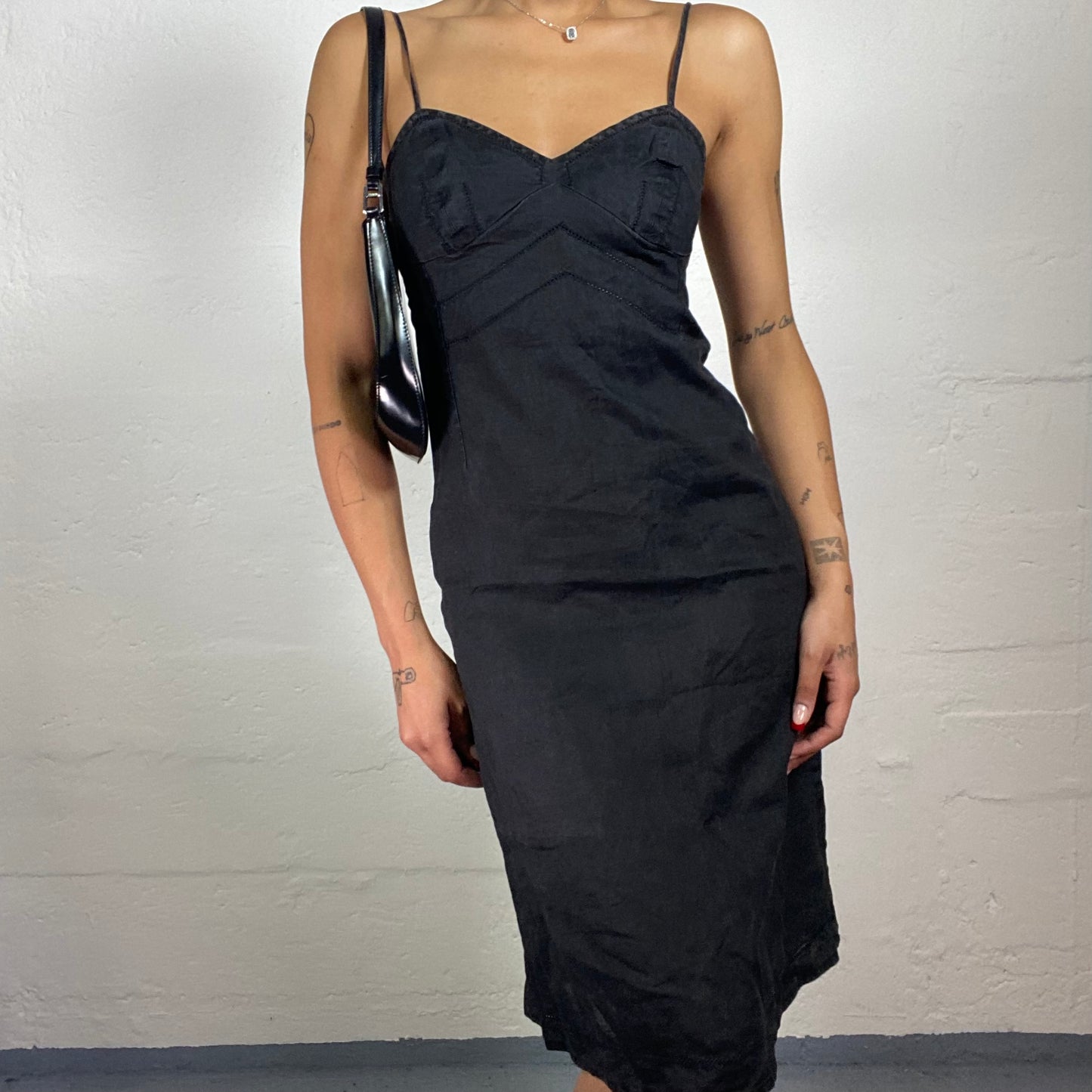 Vintage 2000's Classy Summer Girl Black Linen Knee Length Cami Dress (S)