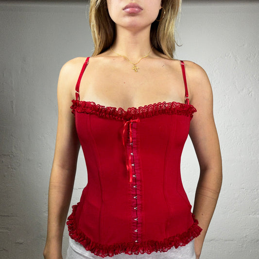 Vintage 2000's Gothic Hot Red Corset Top with Boneing and Mesh Ruffle Trim (S/M)