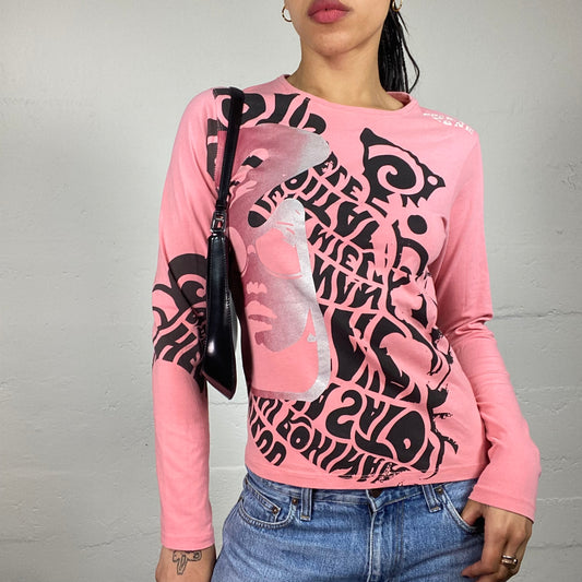Vintage 2000's Downtown Girl Bubblegum Pink Longsleeve Top with Black and Shimmery Typography Print (L)