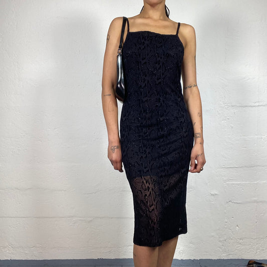 Vintage 2000's Night Out Black Camisole Midi Dress with Snake Skin Shiny Print (M)