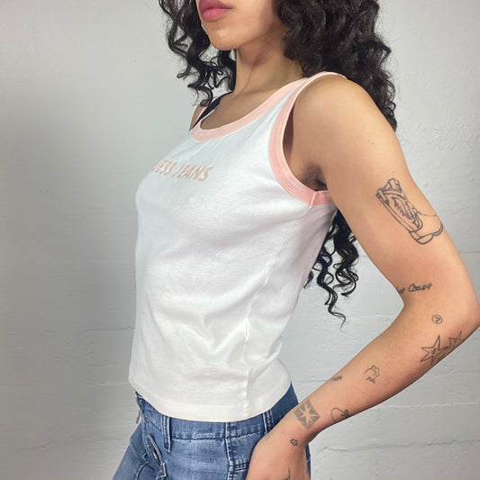 Vintage 2000's Archive Guess Jeans Sporty White Tank Top with Light Coral Accents and Logo Print (L)