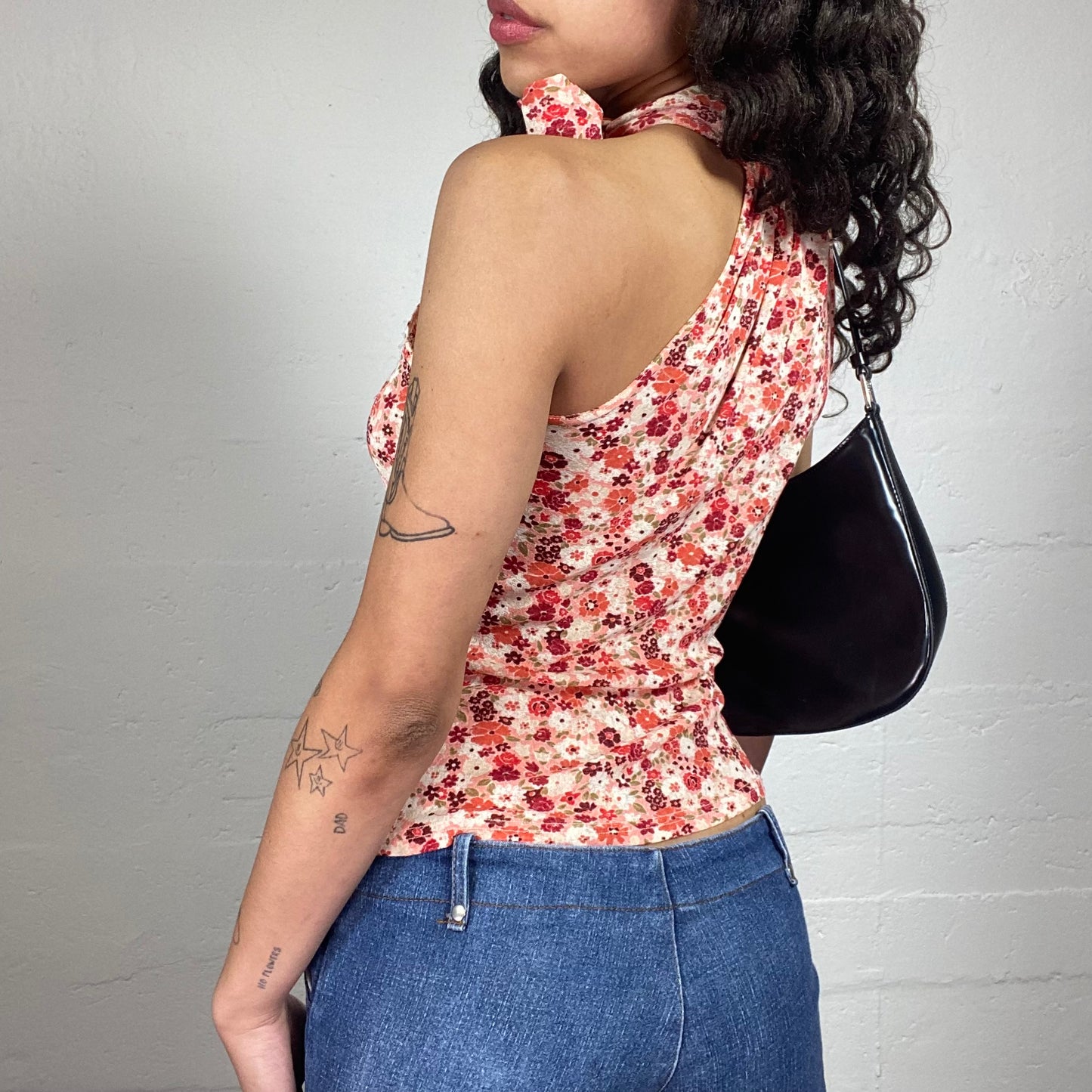Vintage 2000's Romantic Orange Floral Print Turtleneck Sleeveless Top with Neck Ribbon (S)