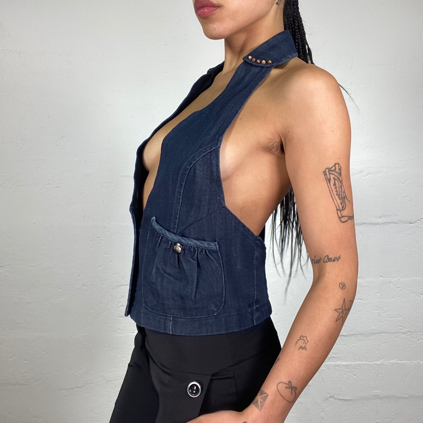 Vintage 2000's Casual Dark Blue Denim Neckholder Button Up Vest Style Top with Pockets (L)
