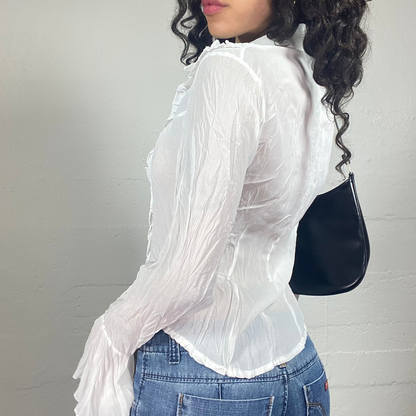 Vintage 2000's Romantic Boho White Textured Lace Up Collared Shirt with Flared Sleeves (S)
