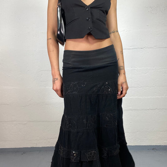 Vintage 2000's Dark Boho Low Waisted Black Ruffled Maxi Skirt with Sequin Details (S)