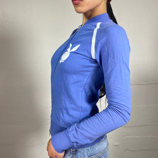 Vintage 2000's Archive Playboy Blue Zip Up Pullover with White Logo and Stripes (S)