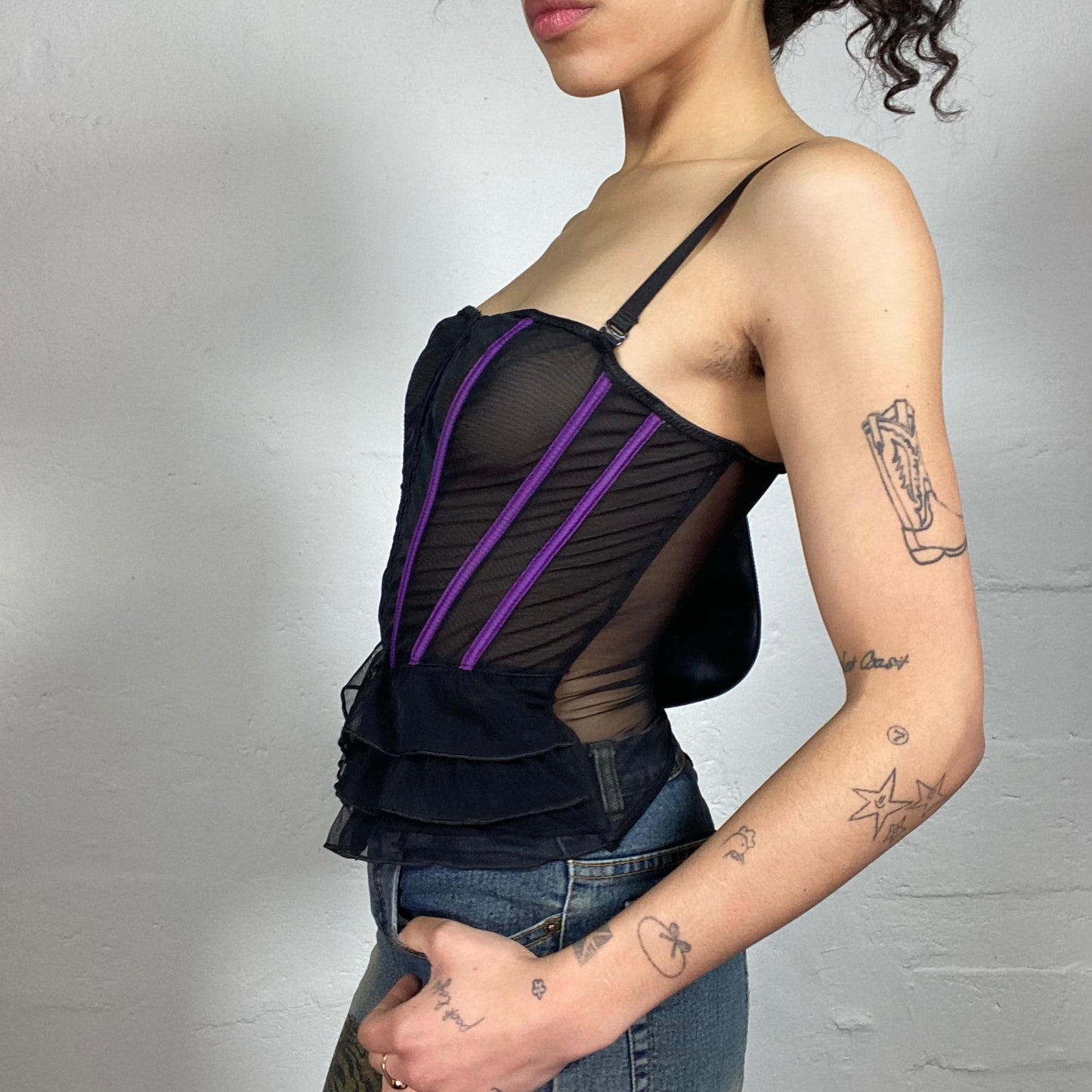 Vintage 2000's Goth Black Mesh Ruffled Bottom Corset with Purple Stripes (S)