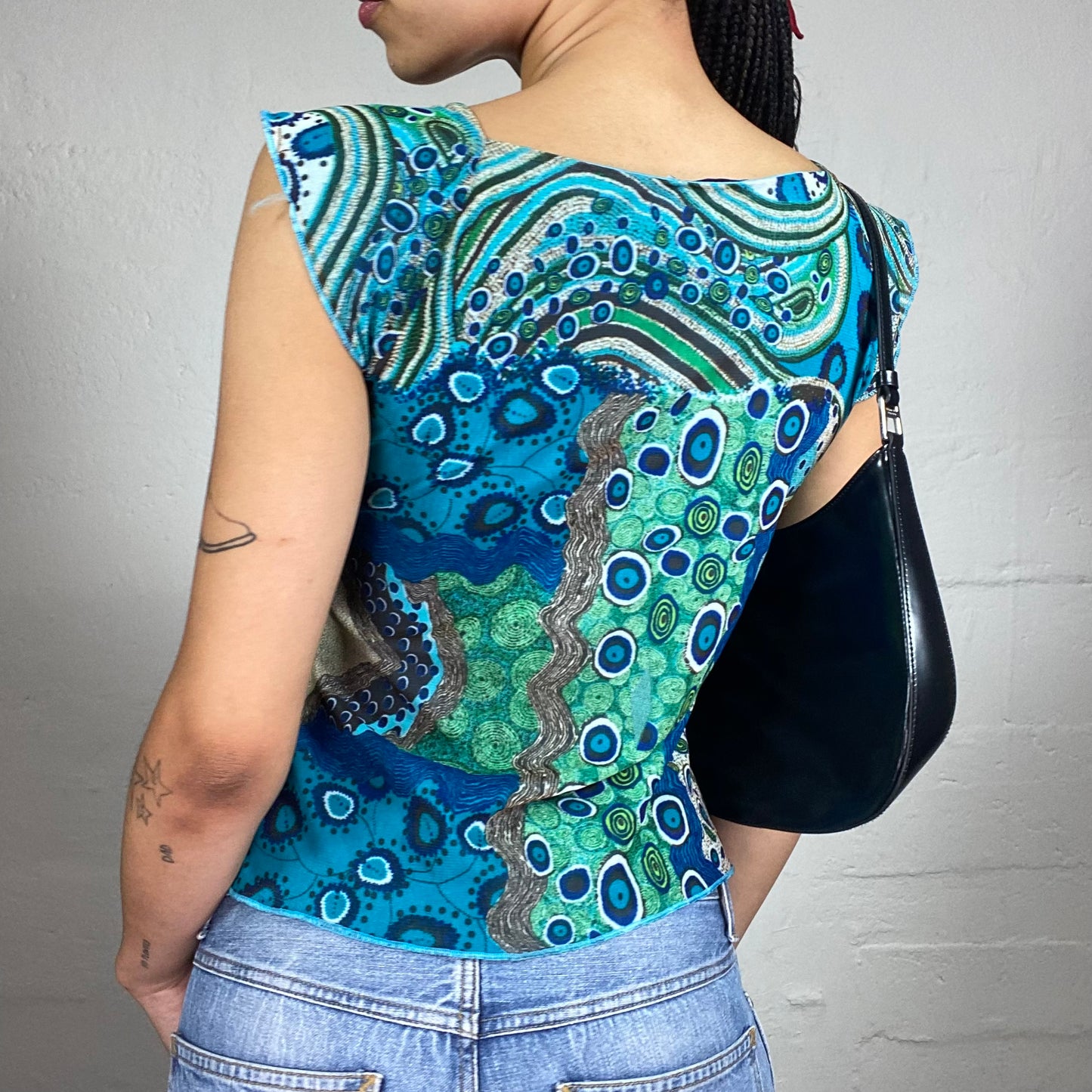 Vintage 2000's Casual Aquamarine Blue and Green Boho Print Chiffon Top with Metal Detail (M)