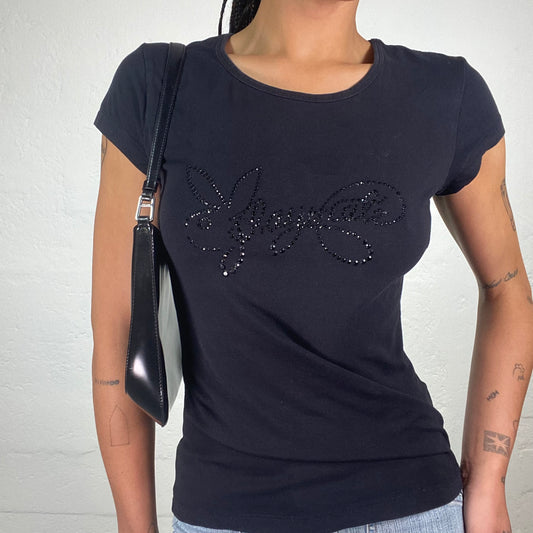 Vintage 2000’s Archive Playboy Navy Blue Slim Fit Tee with Playmate Rhinestone Embroidery (S)