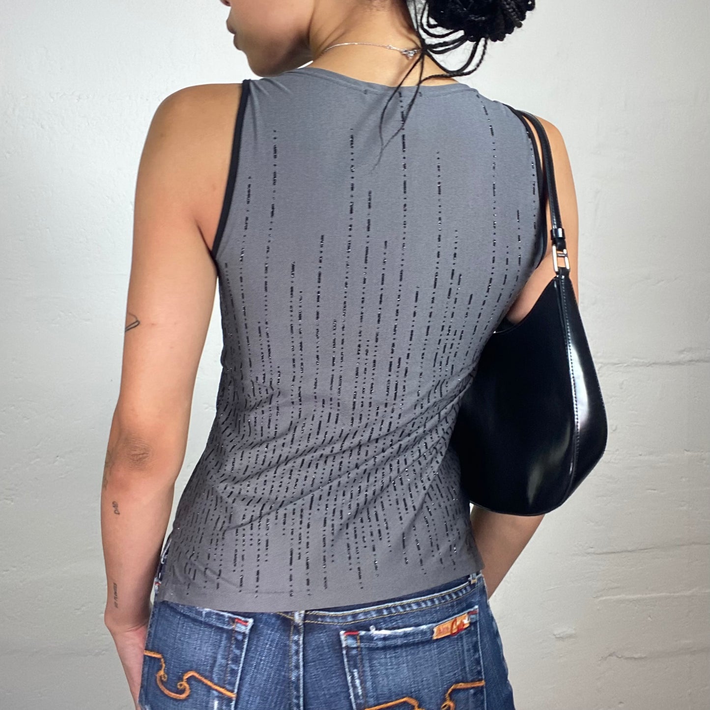 Vintage 2000's Downtown Girl Grey Strict Cut Sleeveless Top with Black Shiny Print (S)