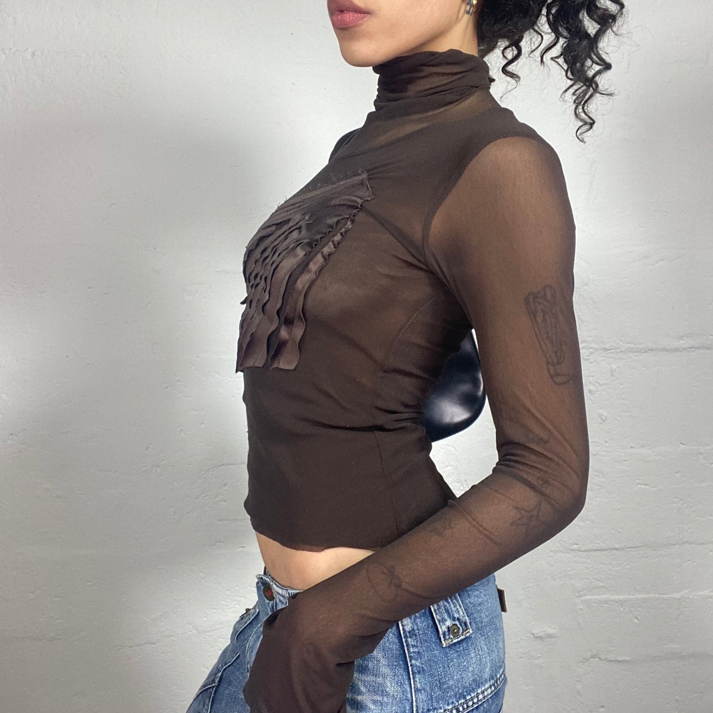 Vintage 2000's Glam Brown Mesh Turtle Neck Longsleeve Top with Satin Embroidery (S)