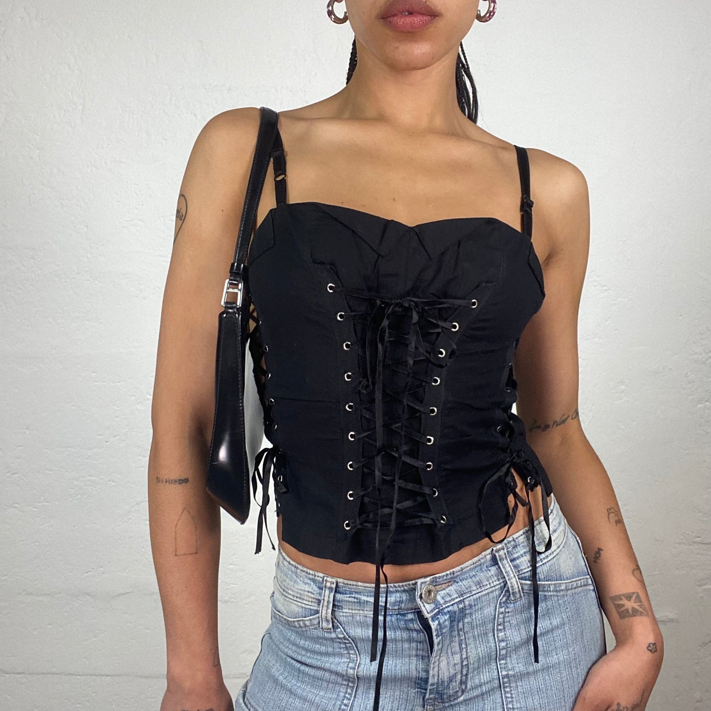 Vintage 2000’s Grunge Biker Girl Black Cami Corset Top with Multiple Lace Up Details (S)