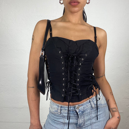 Vintage 2000’s Grunge Biker Girl Black Cami Corset Top with Multiple Lace Up Details (S)