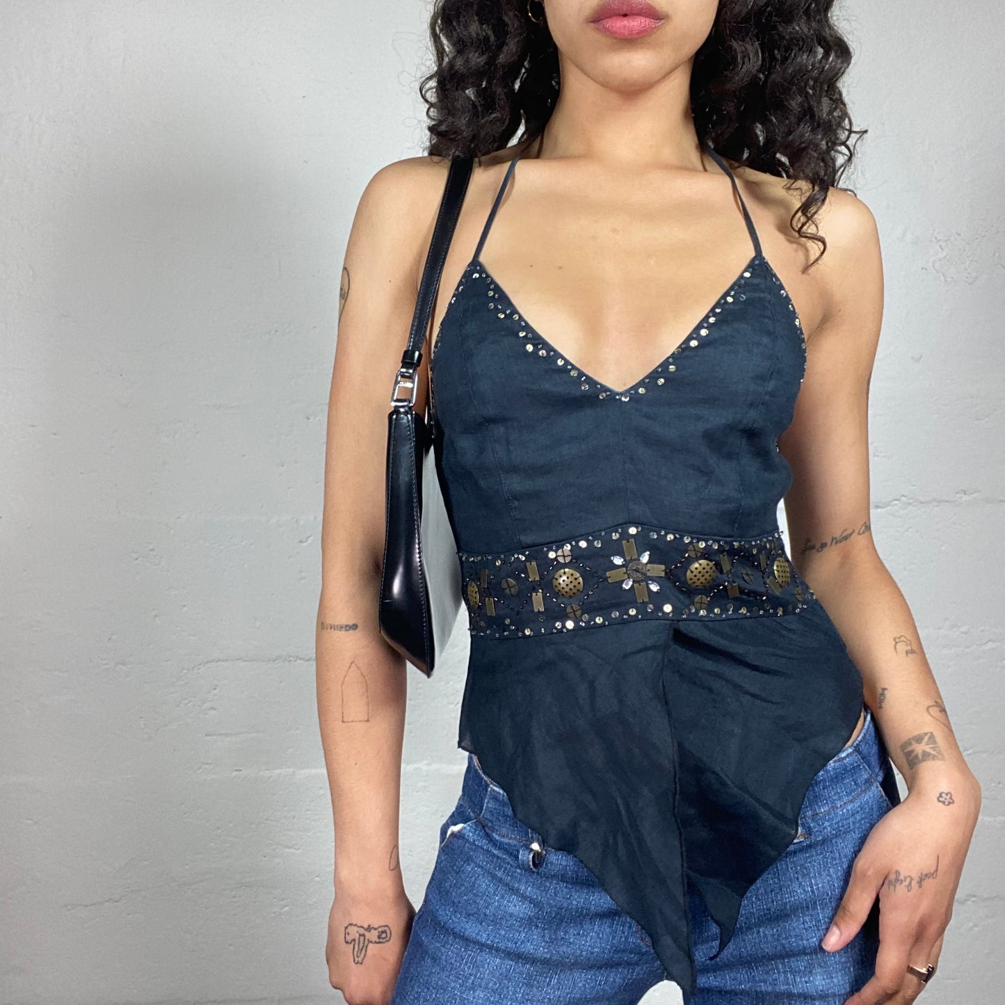 Vintage 2000's Asymmetric Neckholder Top with Sequins Embroidery (S)