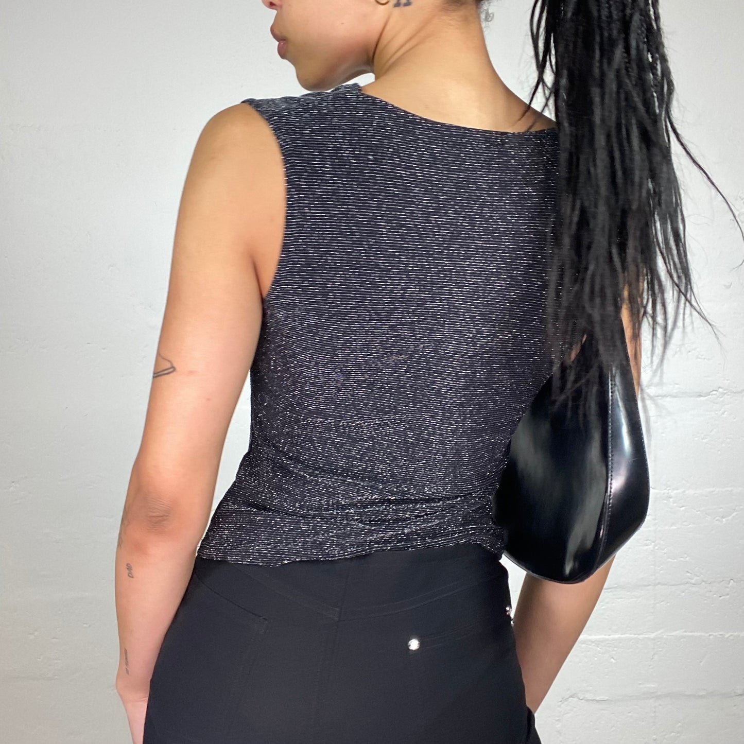 Vintage 2000's Clubwear Black Glitter Jersey Tank Top with Draped Neck Cut (M)