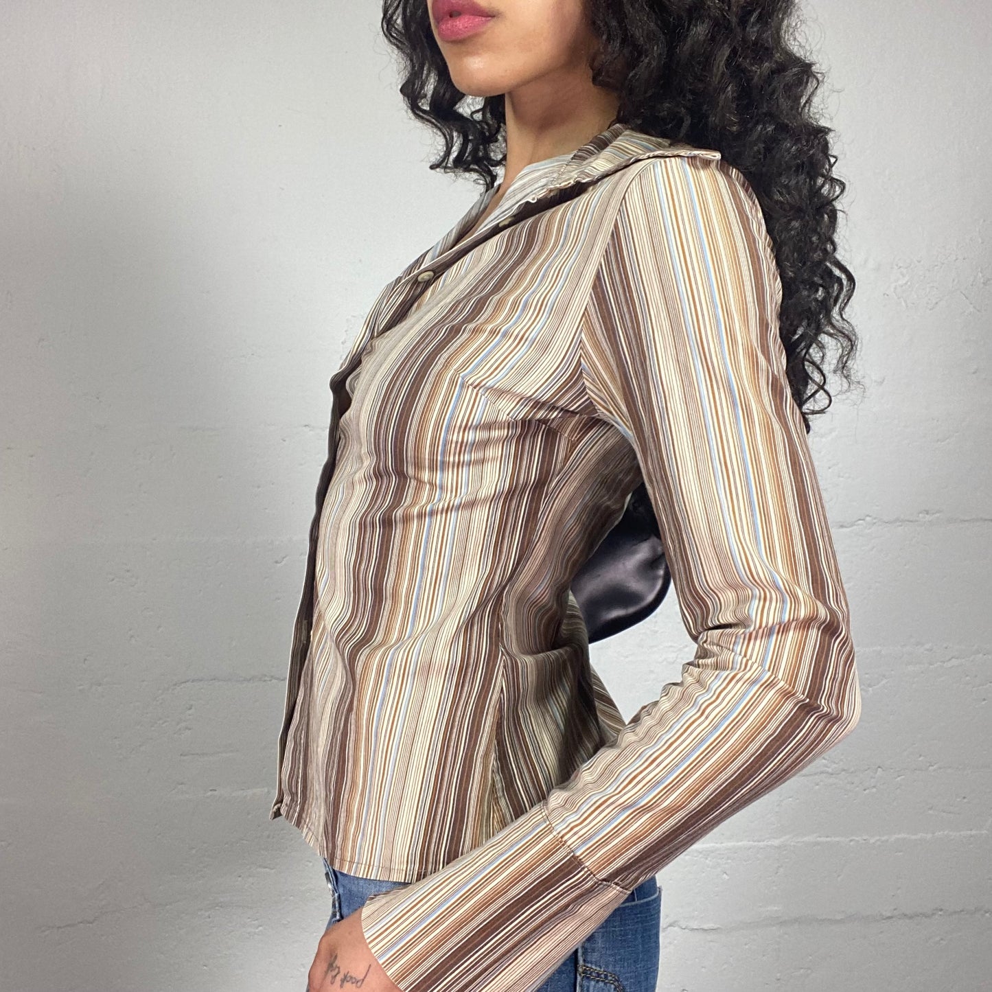Vintage 2000's Office Girl Beige and Brown Striped Button Up Shirt (M)