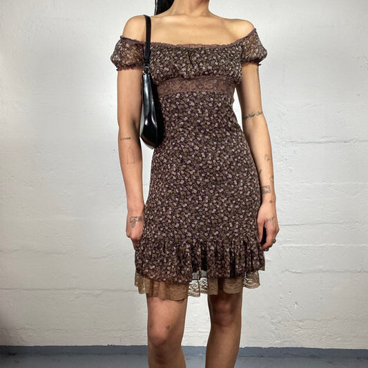 Vintage 2000's Coquette Brown Mini Off Shoulder Dress with Mini Floral Print (S)