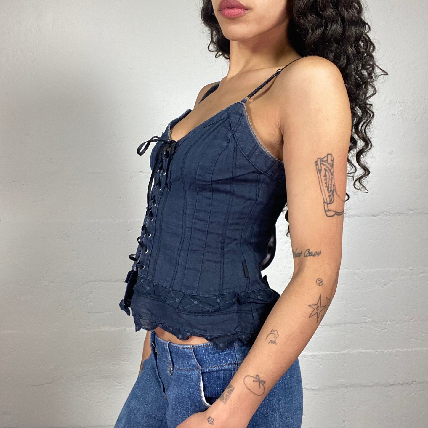 Vintage 2000's Calvin Klein Sunday Date Navy Blue Corset Style Cami Top with Ruffled Details and Front Lace Up (S)