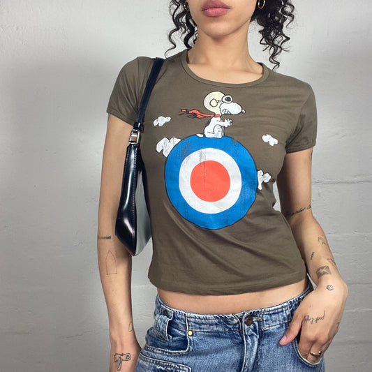 Vintage 2000's Casual Khaki Brown Baby Tee with Cartoon Print (S)