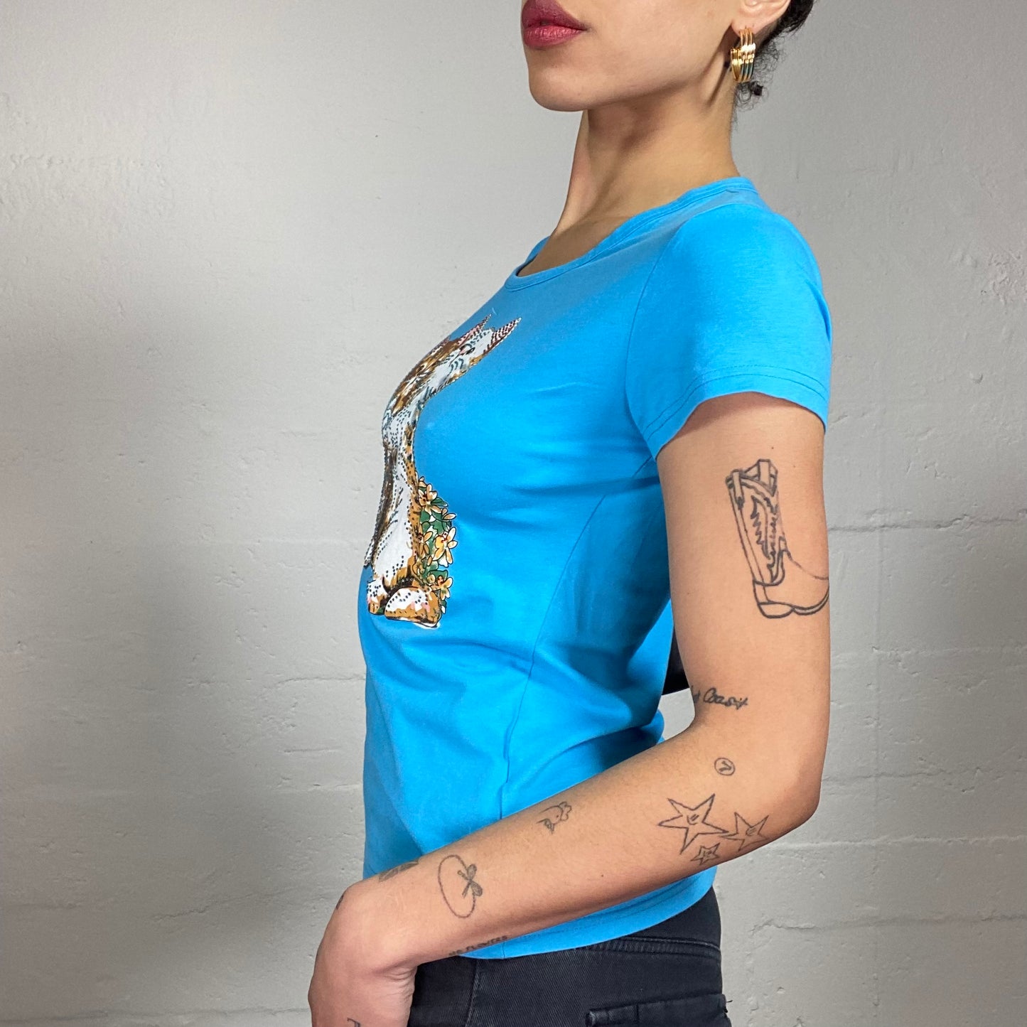 Vintage 2000's Cute Summer Aquamarine Blue Baby Tee with Cats Print (L)