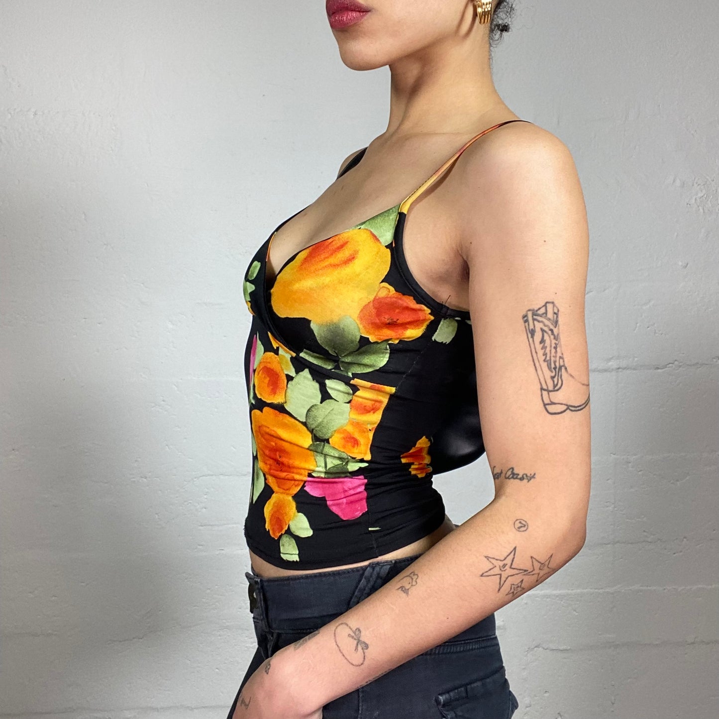 Vintage 2000's Summer Black Cami Top with Pink and Orange Flowers Print (S)