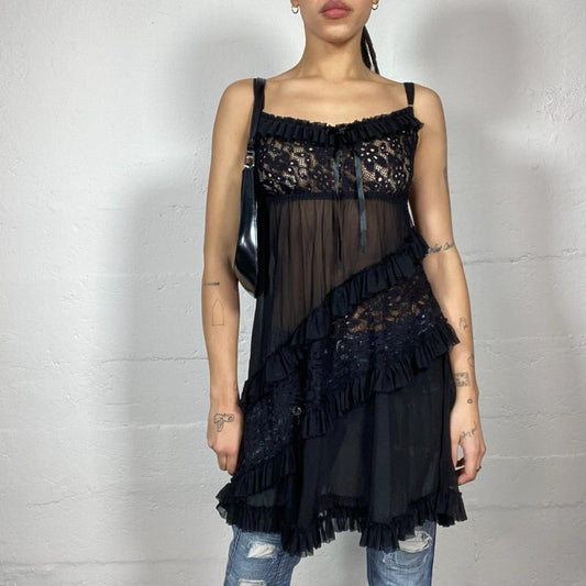 Vintage 2000's Coquette Black Mesh Long Top with Floral Embroidery Work Detail (M)