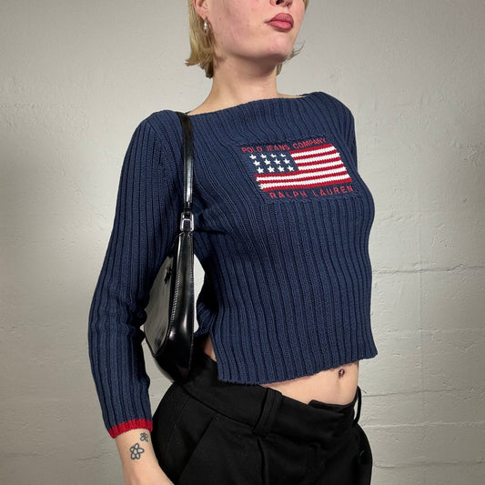 Vintage 2000's Polo Ralph Lauren Downtown Girl Navy Blue Knitted Sweater with Flag Embroidery