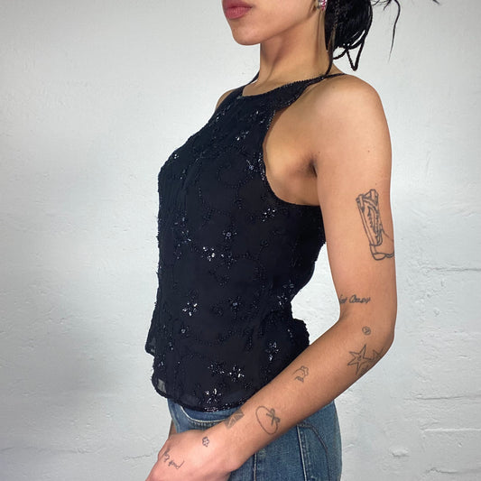 Vintage 2000's Romantic Black Chiffon Cami Top with Black and Silver Shiny Embroidery (M)