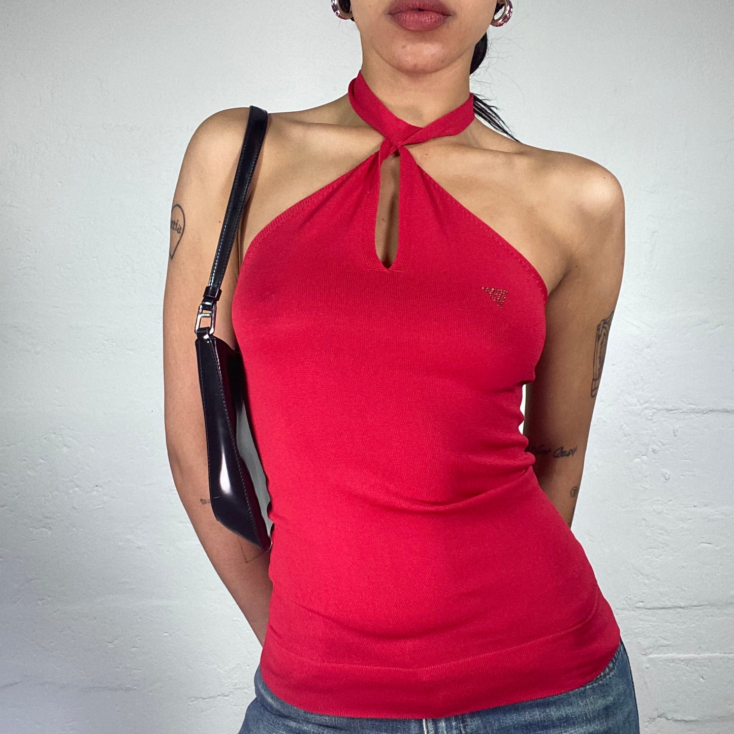 Vintage 2000's Guess Romantic Classy Red Knot Neckholder Top with Mini Rhinestone Detail (S)