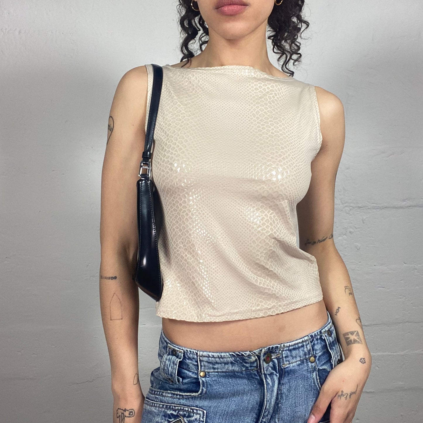 Vintage 2000's Glam Beige Glossy Tank Top with Snake Skin Pattern (S)