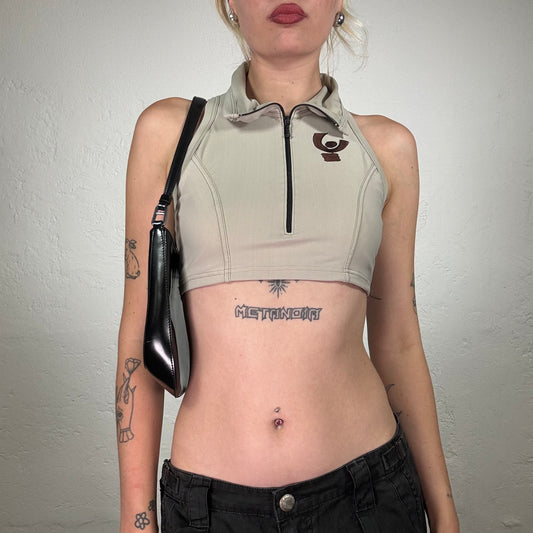 Vintage 2000's Surfer Girl Beige High Neck Crop With Quarter Zip Detail (S)